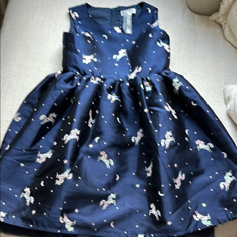 Navy Blue Unicorn Print Kids Dress